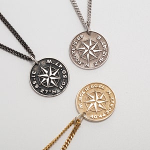 Mens Compass Necklace - Custom Coordinates Necklace Engraved with Words and Coordinates - Engraved Anniversary Gift for Boyfriend Husband