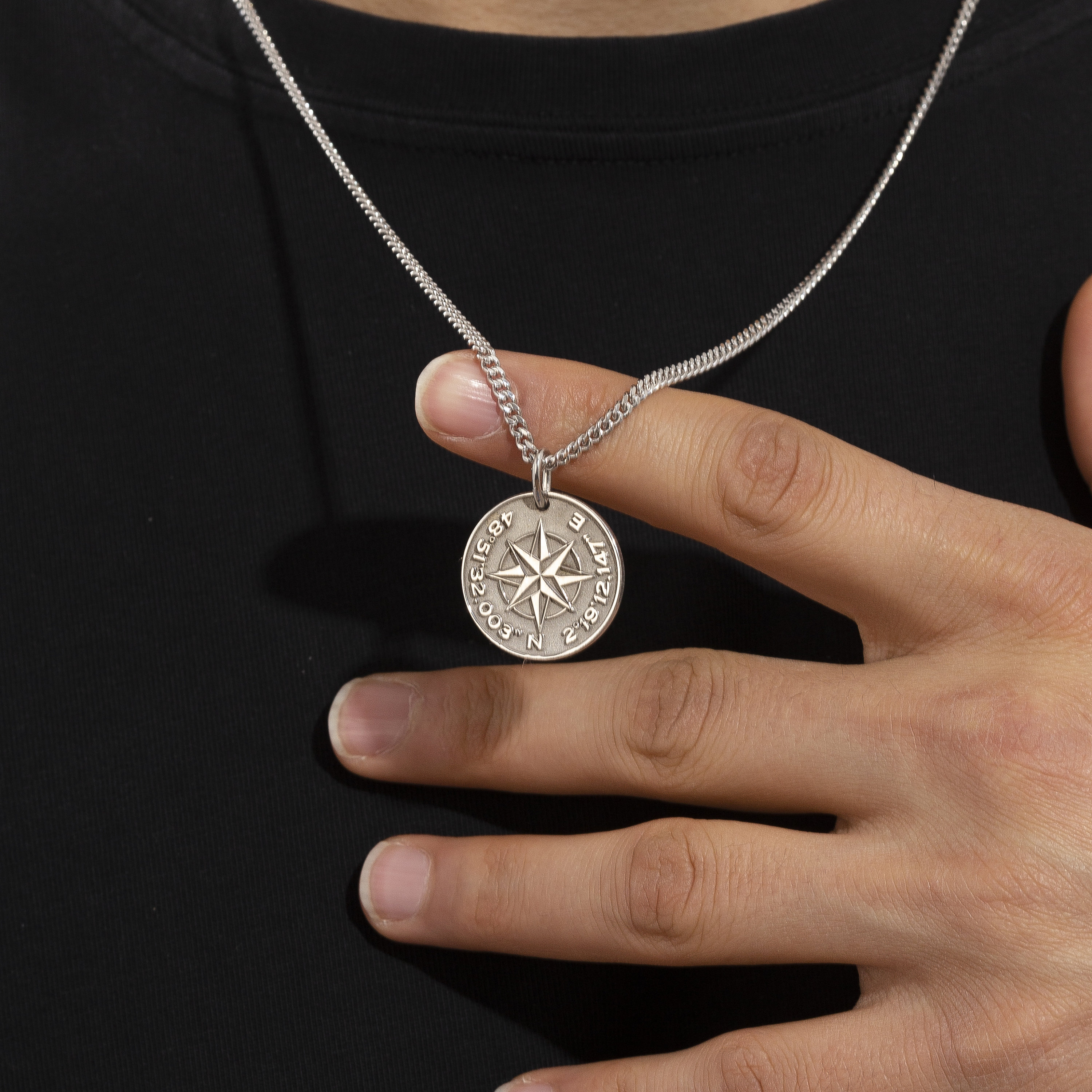 Mens Compass Necklace Custom Coordinates Necklace Engraved With Words