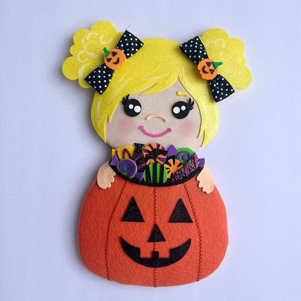 Halloween Girl and Pumpkin Candy Bucket Wreath Attachment, Yellow Hair Trick or Treater Spooky Decor Embellishment Wild Zinnias