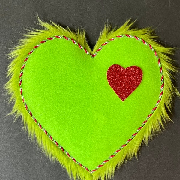 Christmas Monster Heart, Lime Green Furry Christmas Wreath Attachment, Deco Mesh Embellishment for Xmas, Decoration, Red Holiday Decor