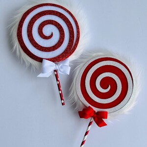 Set of Two Peppermint Lollipop Red & White Furry Wreath Attachments Fake Bake Christmas Tree Lolli Candy Theme Pair Lolly With Fur