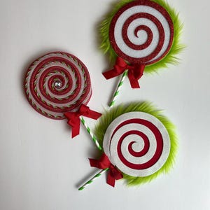 Furry Green Monster Lollipops Red & White Wreath Attachments Fake Bake Christmas Tree Decoration  Lolly Candy Theme Decor Ornament Trio