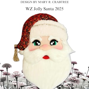 May include: A Santa Claus wreath attachment pattern with a white beard and a red and gold hat. The text "WILD ZINNIAS" and "WZ Jolly Santa 2025" are visible. The background features a black and white floral design.