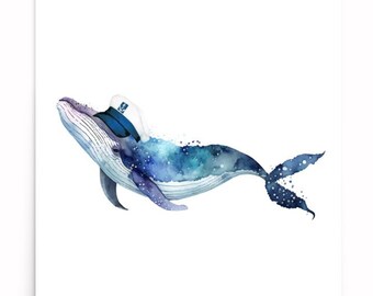 Captain Whale Instant Print, nautische Wandkunst, minimale Aquarellkunst, Kapitänsmütze digitaler Download, Seemannsgeschenk, Aquarell Poster