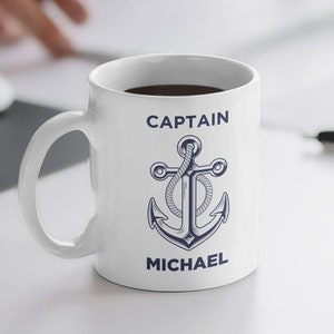 Vintage Nautical Ceramic Mug With Custom Captain Name: Anchor Sailing Design, Sailboat/Lighthouse Coastal Art Gift for Sailors, Boat Lovers