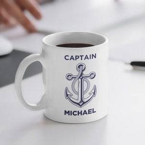 Captain&#39;s Personalized Nautical Ceramic Mug: Boat Anchor Design, Sailboat Coastal Art, Lighthouse Motif, Gift for Sailors, Boat Lovers