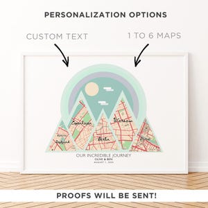 May include: A personalized map print with a mountain range design. The print features maps of Copenhagen, Berlin, Warsaw, Reykjavik, and Paris. The text "OUR INCREDIBLE JOURNEY OLIVE & BEN AUGUST 1, 2014" is printed below the maps.