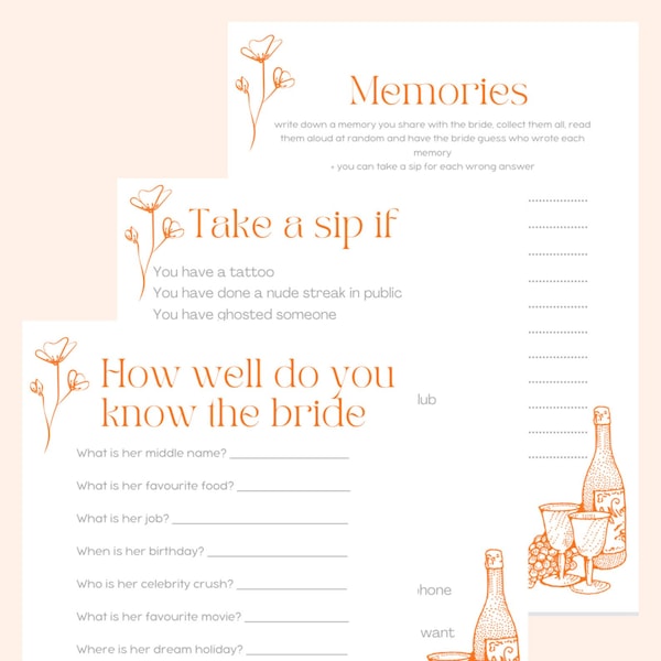 Italian Summer Orange Bachelorette / Hens Party Games Instant Download