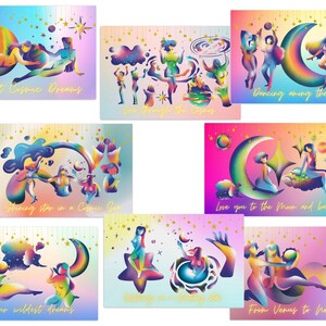 Cosmic Art Cosmos Print, Pink Indie Room Decor Aesthetic y2k, 90s Celestial, College Apartment Decor, Starry Space Postcard Set of 7