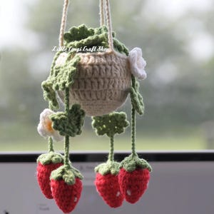 Handmade Car Mirror Charm, Crochet Strawberry Car Hanger, Cute Car Accessory, Adorable Car Decor, Crochet Fruit Ornament