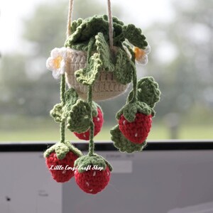 Crochet Strawberry Car Hanger, Handmade Car Mirror Charm, Cute Car Accessory, Adorable Car Decor, Crochet Fruit Ornament