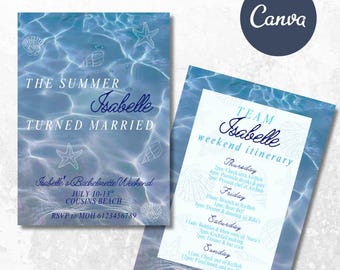 The Summer I Turned Married | Bachelorette Invitation & Details Card | Editable Templates | Digital Download | Summer Elegant Beach Bach
