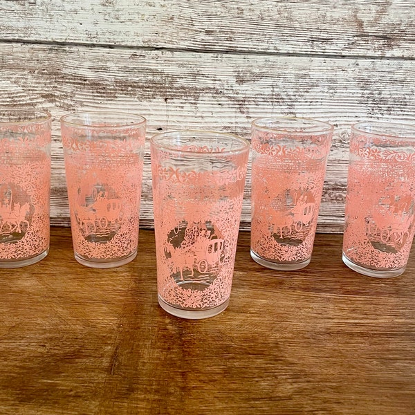 Vintage Hazel Atlas Pink Horse Drawn Carriage Gold Rimmed Glasses/ Set of 5