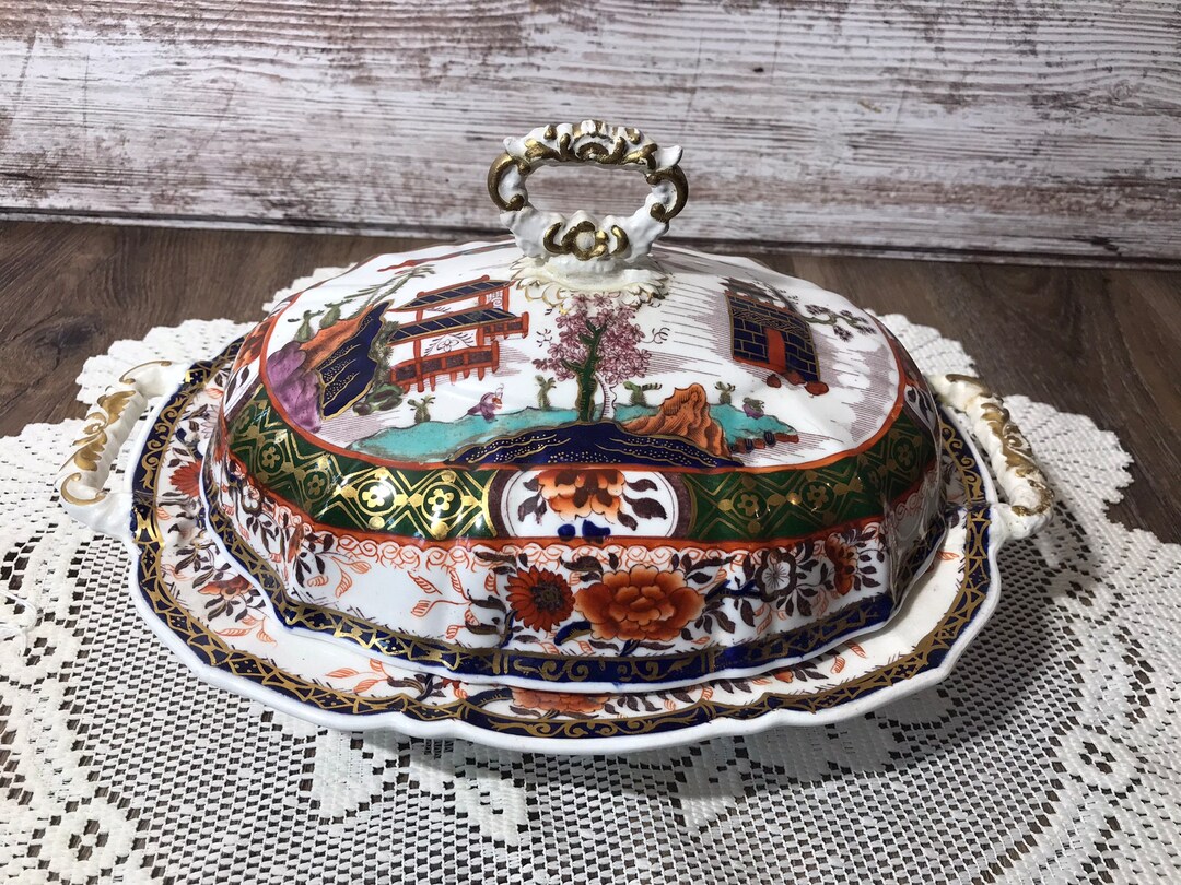 Unmarked Vintage Masons Ironstone Canton Chinese Mountain Gilded