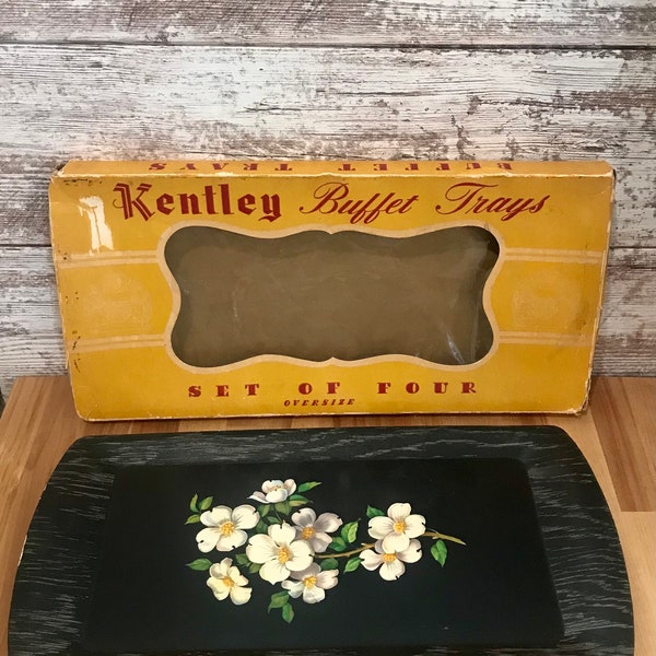 Vintage MCM Kentley Buffet Black and Floral Trays with Original Box/ Vintage Floral Serving Trays / Lap Tray