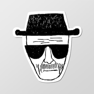 Peut inclure: Un dessin au trait noir et blanc d'une personne portant un chapeau et des lunettes de soleil. La personne a une moustache et une expression sérieuse.