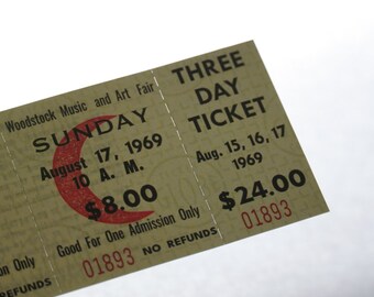 WOODSTOCK 1969年 未使用チケット 3日間通し券 Lot - Original Three-Day Woodstock Ticket, Unused ミュージシャン