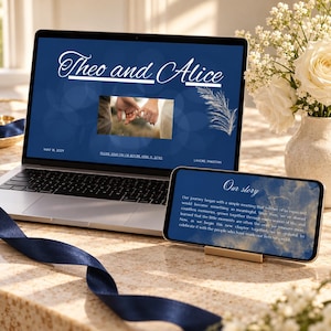 Può includere: Un computer portatile e uno smartphone che mostrano i dettagli di un invito a nozze. Lo schermo del portatile mostra il testo Theo and Alice, una foto di due persone che si tengono per mano e la data 18 maggio 2029. Lo smartphone mostra Our story.