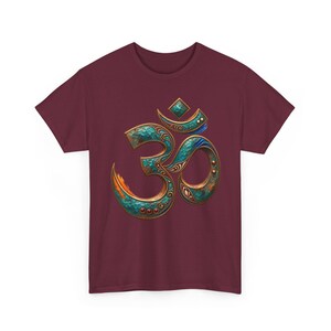 Hammered Turquoise and Copper Om T-Shirt, Verdigris Metal Look Aum Tee with Ruby Studs, Yoga Meditation Gift, Hindu Streetwear