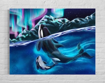 Orca and Baby through the Aurora Print/Poster (Frame Not Included)