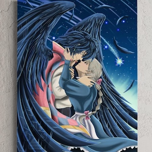 May include: An anime-style illustration depicts two figures embracing under a starry night sky. One figure has large, dark blue feathered wings and is wearing a red, pink, and white patterned garment. The other figure is in a blue dress with a white apron.