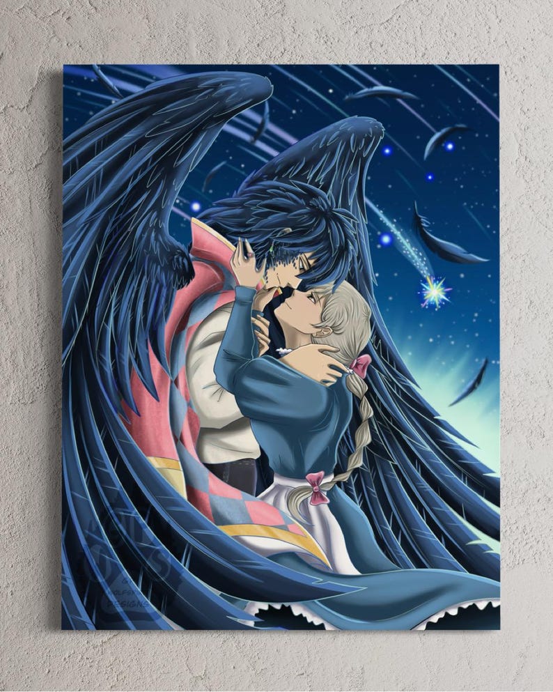 May include: An anime-style illustration depicts two figures embracing under a starry night sky. One figure has large, dark blue feathered wings and is wearing a red, pink, and white patterned garment. The other figure is in a blue dress with a white apron.