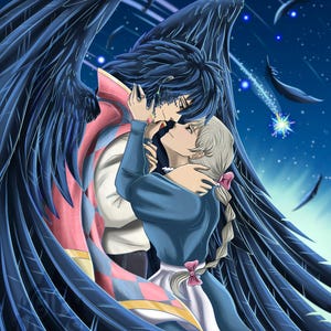 May include: Digital illustration of two anime characters embracing. One character has dark blue hair and large black wings. The other character has light blonde hair and is wearing a blue dress. The background is a starry night sky with falling feathers.