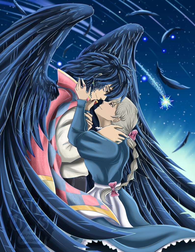 May include: Digital illustration of two anime characters embracing. One character has dark blue hair and large black wings. The other character has light blonde hair and is wearing a blue dress. The background is a starry night sky with falling feathers.