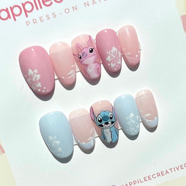 10 Pcs Reusable Lilo & Stitch Angel Inspired Press On Nails | Custom Disney Characters | Short Round Pink Blue Pastel | French Tip | Flower