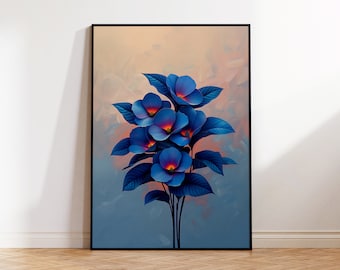 Download digitale floreale blu vibrante, arte floreale astratta moderna, arte della parete botanica stampabile, arredamento per l'home office, stampa artistica del soggiorno