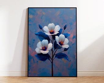 Elegante stampa artistica floreale blu e bianca – Download digitale – Arte murale astratta – Arte botanica – Arte moderna – Dimensioni multiple