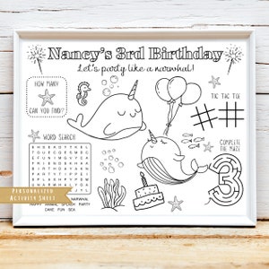 Narwhal Party Favor | Narwhal Theme Birthday Activity Sheet | Narwhal Theme Party Favor | Ocean Kids Coloring Activity Sheet | Digital