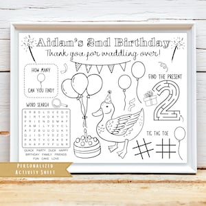 Duck Birthday Party Activity Sheet | Little Duckling Party Favor | Duck Coloring Kids Activity Sheet | Personalized Party Placemat