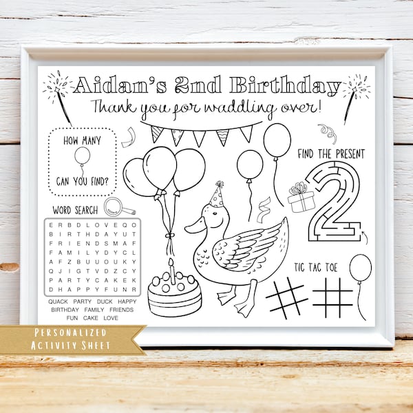 Duck Birthday Party Activity Sheet | Little Duckling Party Favor | Duck Coloring Kids Activity Sheet | Personalized Party Placemat