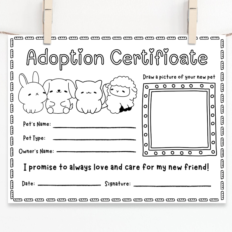 May include: Black and white adoption certificate with illustrations of a bunny, dog, cat, and sheep. The certificate includes fields for the pet's name, type, and owner's name, along with a space to draw a picture of the pet.