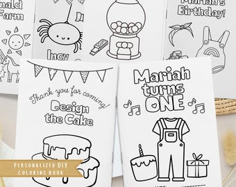 May include: A black and white coloring book with pages featuring a birthday party theme. The cover features a cake with the text "Design the Cake" and "Personalized DIY Coloring Book". The inside pages feature images of a spider, a gumball machine, a birthday girl, and a cake.