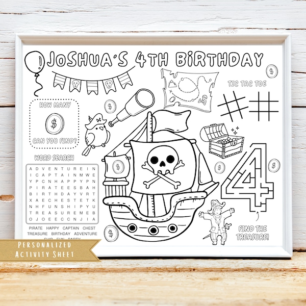 Pirate Theme Birthday Party Activity Sheet | Pirate Party Favor | Pirate Coloring | Kids Activity Sheet
