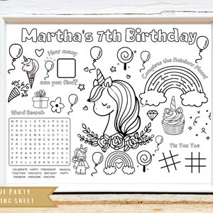 Unicorn Birthday Party Activity Sheet | Unicorn Party Favor | Unicorn Theme Party Decor | Kids Activity Sheet | Personalized Party Placemat