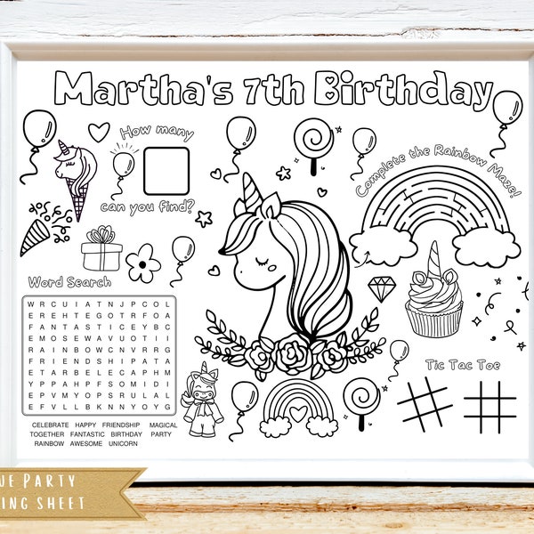 Unicorn Birthday Party Activity Sheet | Unicorn Party Favor | Unicorn Theme Party Decor | Kids Activity Sheet | Personalized Party Placemat