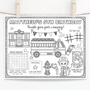 Firetruck Birthday Coloring Placemat: Personalized Fireman Party (Digital Download)