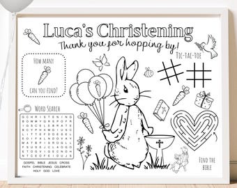 Classic Rabbit Christening Activity Sheet | Rabbit Party Favor | Kids Activity Sheet | Personalized Party Placemat