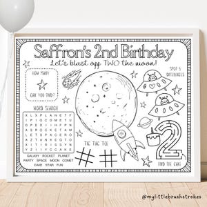 Two the Moon Party Activity Sheet | To the Moon and Back Party Favor | Moon Coloring Kids Activity Sheet | Personalized Space Party Placemat