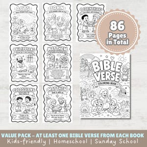 Könnte beinhalten: Ein Bibelvers-Malbuch mit 86 Seiten, das Illustrationen aus verschiedenen Büchern der Bibel enthält. Enthält Malvorlagen mit Versen aus Apostelgeschichte, Johannes, 1. Korinther, Philipper, Matthäus und Kolosser. Auf dem Cover steht "Bible Verse Coloring Book."