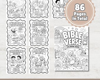May include: A Bible Verse coloring book with 86 pages, featuring illustrations from various books of the Bible. Includes coloring pages with verses from Acts, John, 1 Corinthians, Philippians, Matthew, and Colossians. The cover reads "Bible Verse Coloring Book."