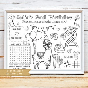 Llama Birthday Party Activity Sheet | Llama Cactus Party Favor | Llama Party Coloring Kids Activity Sheet | Personalized Party Placemat