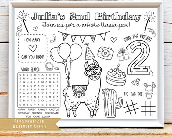 May include: A black and white printable activity sheet for a child's 2nd birthday party. The sheet features a llama, balloons, a cake, a word search, a maze, and a tic-tac-toe game. The text on the sheet says "Jullia's 2nd Birthday" and "Join us for a whole llama fun!"