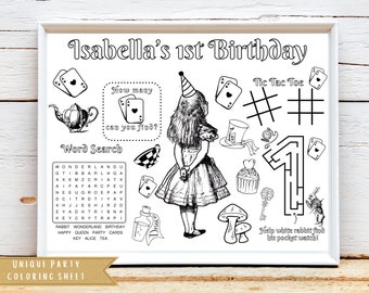 May include: Black and white coloring page featuring Alice in Wonderland themed activities. The page includes a word search, a tic-tac-toe game, a maze, and a "how many can you find?" game. The text "Isabella's 1st Birthday" is at the top of the page.