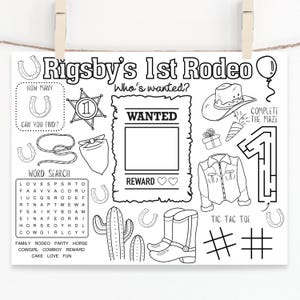 Foglio di attività per la festa del cowboy / Primo regalo per la festa del rodeo / Colorare la festa del cowboy cowgirl / Tovaglietta per la festa di compleanno del cowboy
