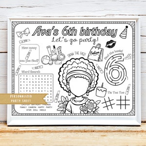 Afro Doll Birthday Party Activity Sheet | Doll Fashion Party Favor | African Doll Party | Black Doll Coloring Sheet | Kids Activity Sheet