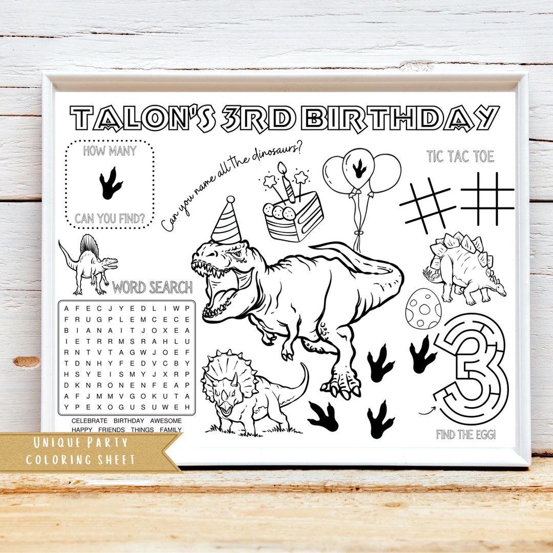 Jurassic Dinosaur Birthday Activity Sheet Trex Dinosaur Theme Party ...